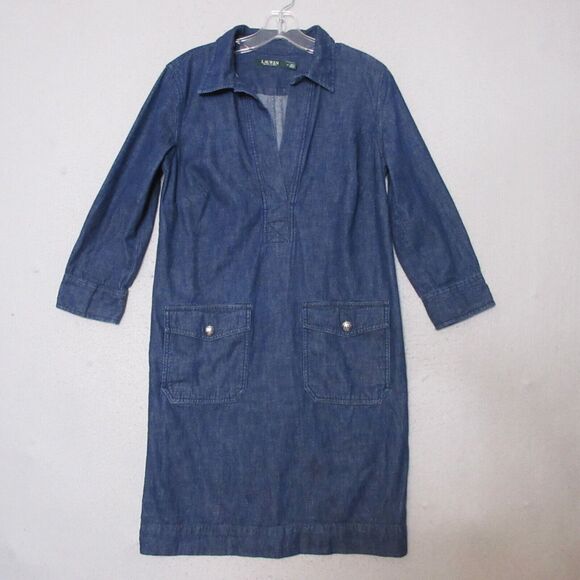Lauren Ralph Lauren Shirt Dress  4 Blue Chambray Popover‎ Pockets Cotton - Picture 1 of 11